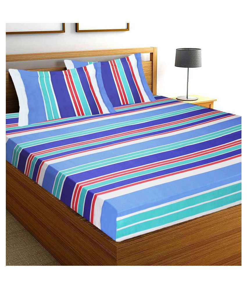     			HOMETALES Cotton Horizontal Striped Double Bedsheet with 2 Pillow Covers - Blue