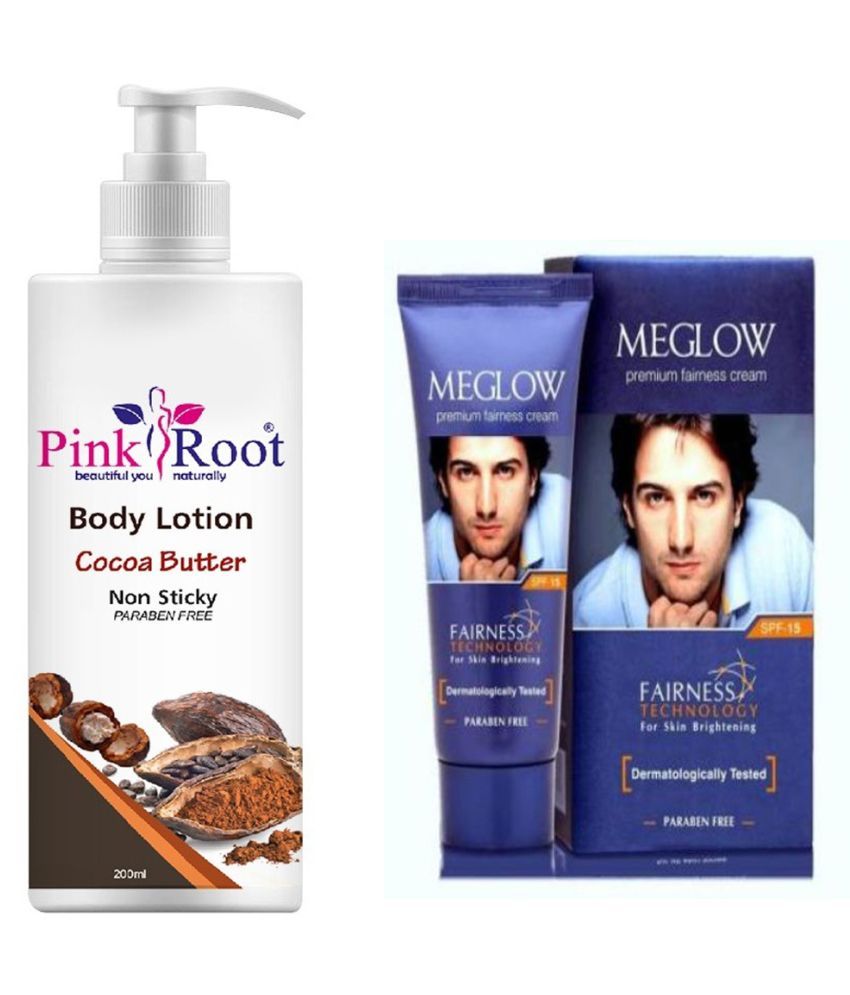 Pink Root Cocoa Butter Body Lotion 200ml, Meglow Men Fairness Cream Day