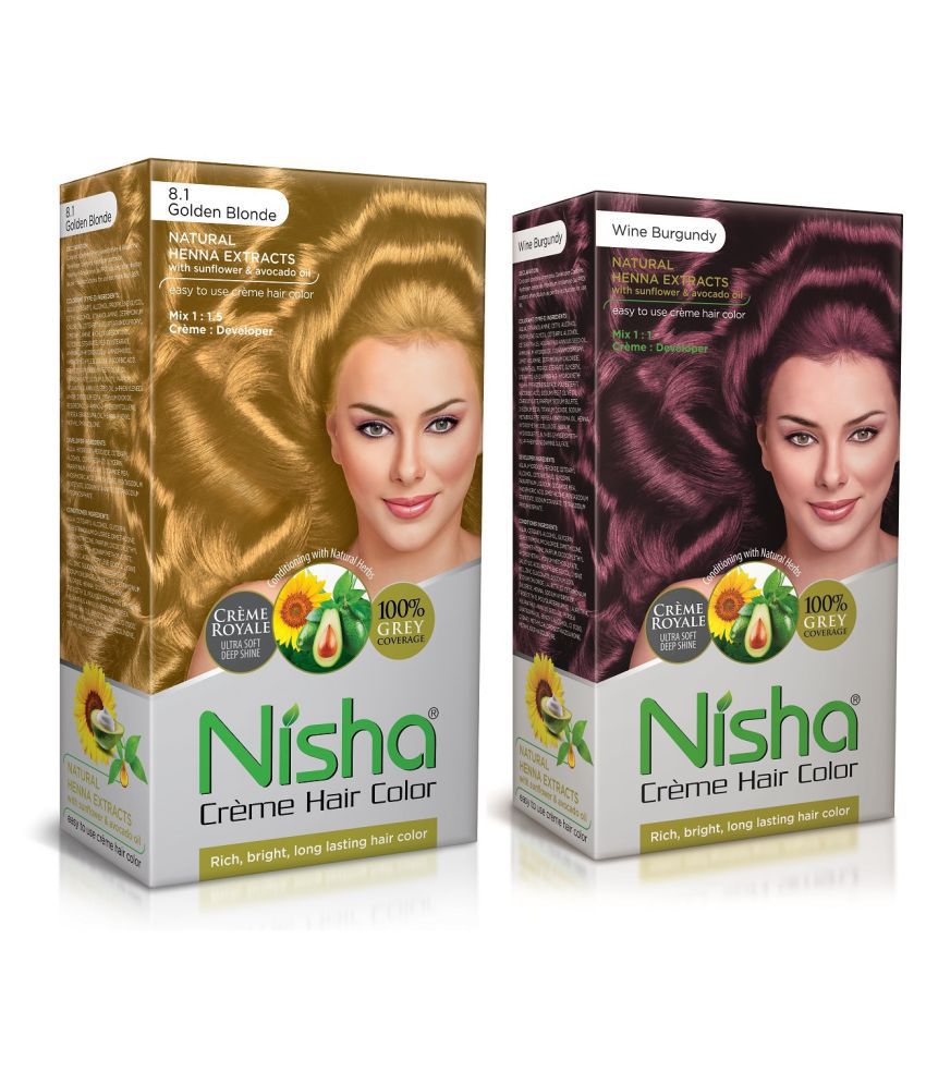     			Nisha Cream Hair Color Grey Coverage Permanent Hair Color Golden Blonde and Wine Burgundy 150 mL Pack of 2