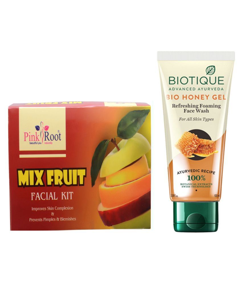 Pink Root Mix Fruit Facial Kit with Biotique Bio Honey Gel Face Wash