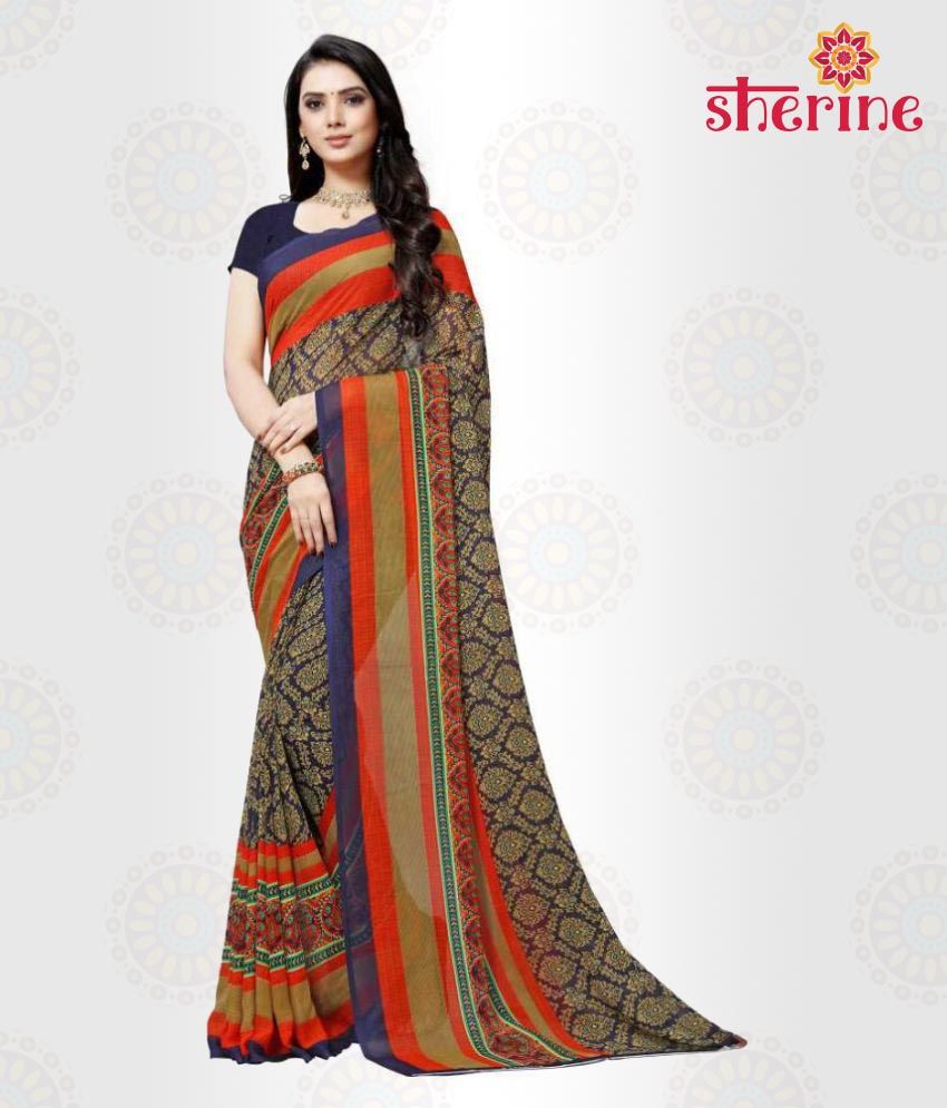     			ANAND SAREES Blue, Orange Print Saree (Fabric- Poly Georgette)