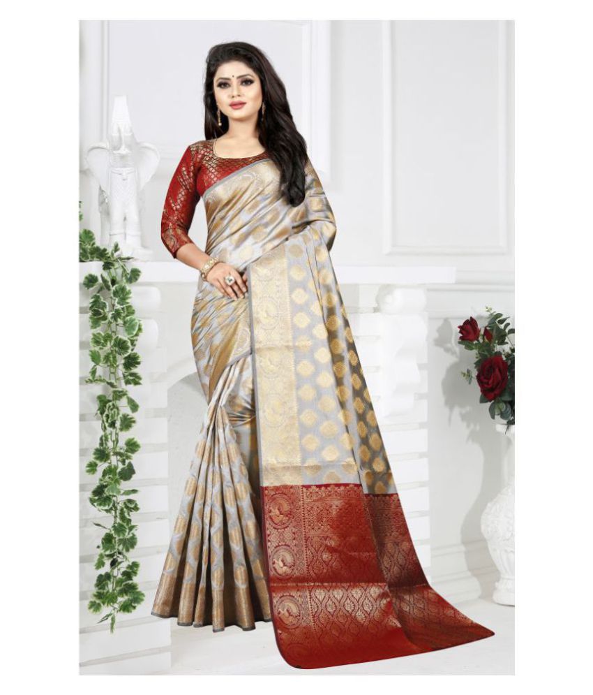     			Gazal Fashions - Light Grey Banarasi Silk Saree With Blouse Piece (Pack of 1)
