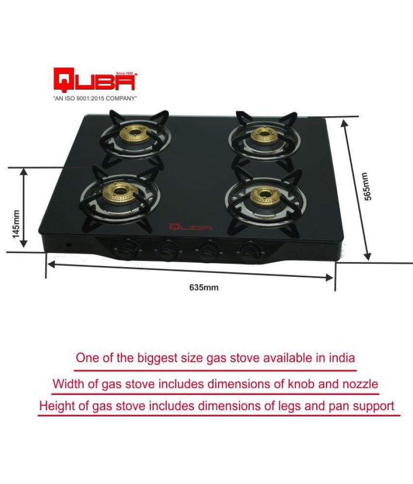 QUBA 4 Burners Black Powder Coated Mild Steel Body Gas Stove in Black Color Designer Glass Top