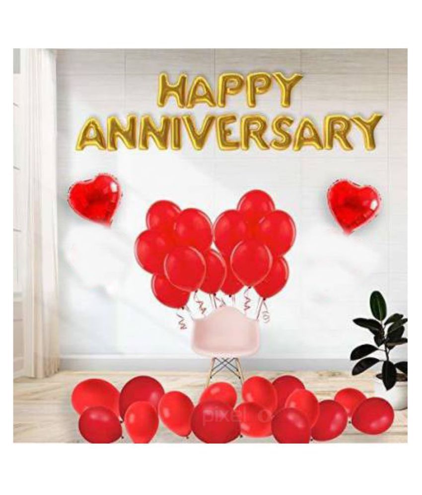     			Pixelfox Happy Anniversary (16 Gold Foil Letters)  + 2 Red Heart + 30 Metallic Balloons (Red)
