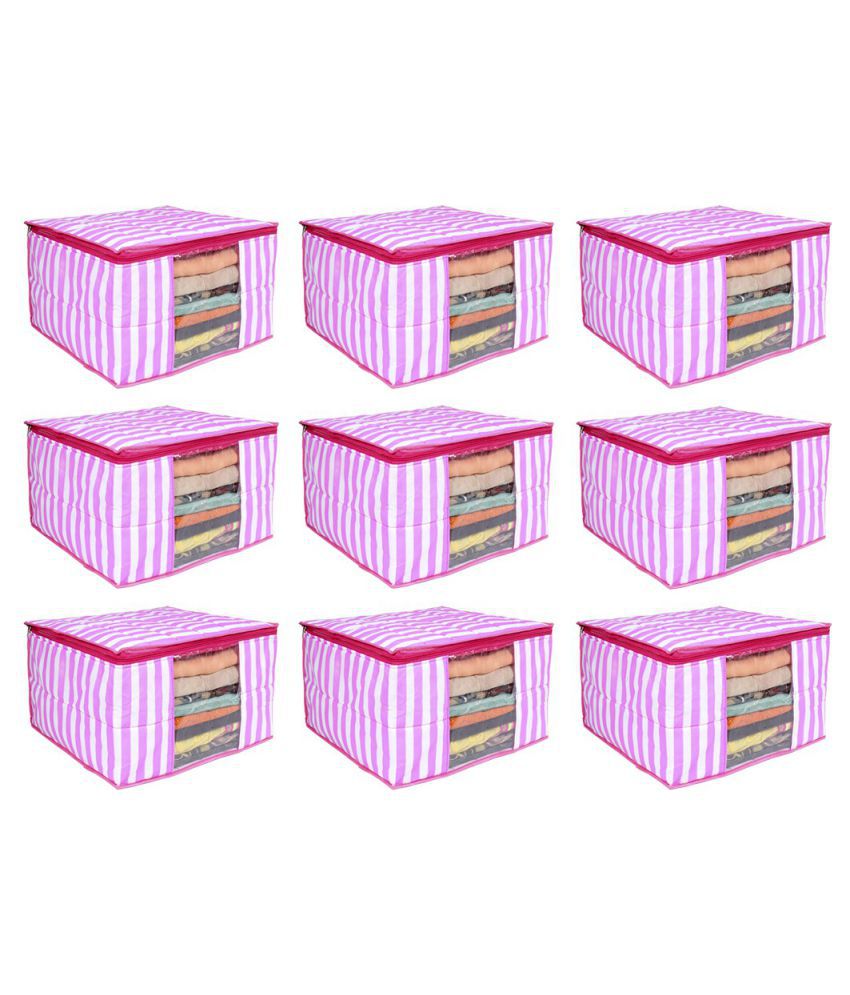     			PrettyKrafts 3 layered Quilted saree Cover Bag/wardrobe organizer with transparent window (Pack of 9), Pink Stripes