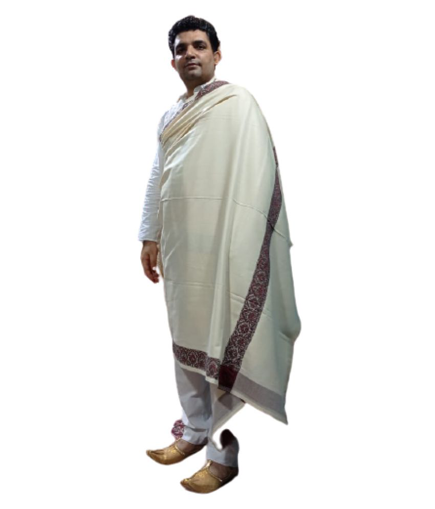 kashmir handloom and handicraf White Pashmina Blend Unstitched Dress Material