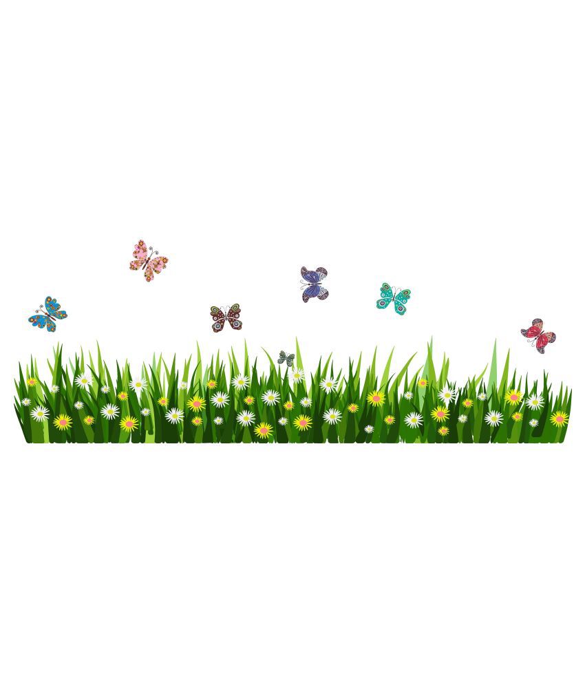     			Wallzone Grass & Colorfull Butterfly Sticker ( 120 x 40 cms )