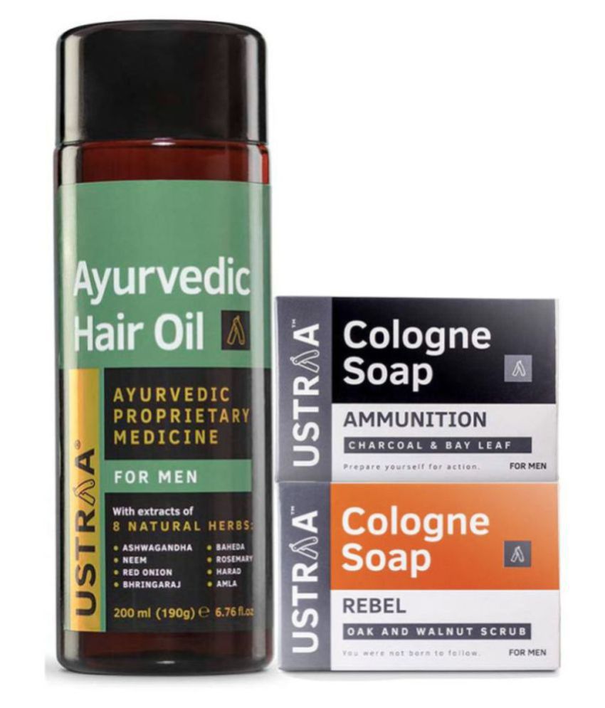 Ustraa Ayurvedic Hair Oil - 200 ml, and Cologne Soap Rebel - 125g &  Ammunition - 125g: Buy Ustraa Ayurvedic Hair Oil - 200 ml, and Cologne Soap  Rebel - 125g &