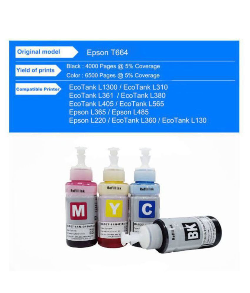 BlueBox For Epson L360 L380 Multicolor Pack of 4 Ink bottle for Epson EcoTank L130,L210,L220 