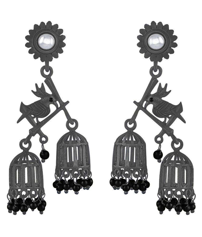     			Spargz Bird Alloy Silver Oxidise Plated Color Stone & Pearl Dangle Earring For Women TER_300