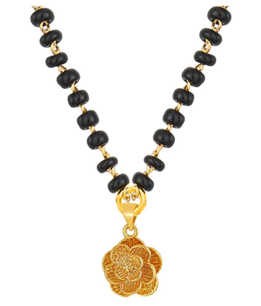     			Fashionable Mangalsutra Gold Plated Floral Pendant With Black Beaded Golden Chain