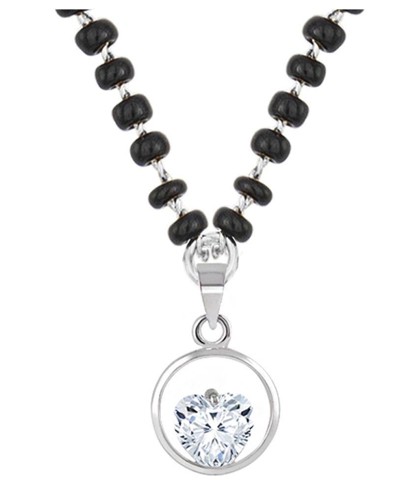     			Fashionable Mangalsutra Silver Plated Cubic Zircon Center Heart Solitaire Pendant and Black Beaded Chain