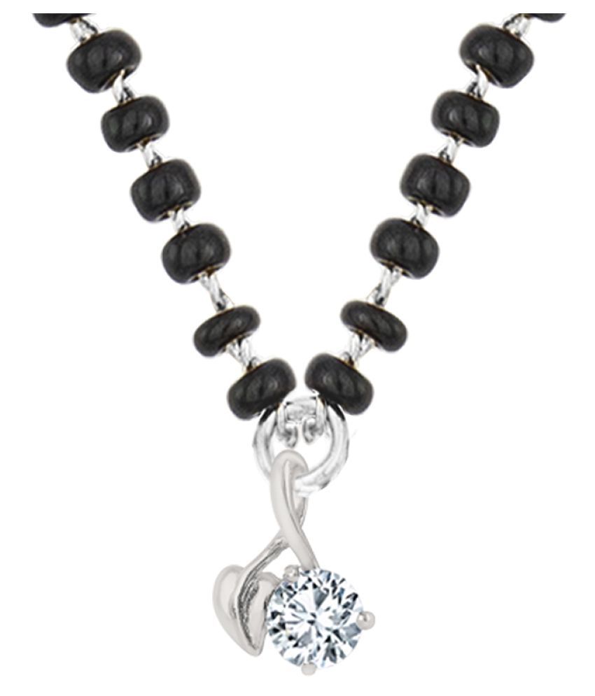     			Fashionable Mangalsutra Silver Plated Cubic Zircon Leaf Solitaire Pendant and Black Beaded Chain