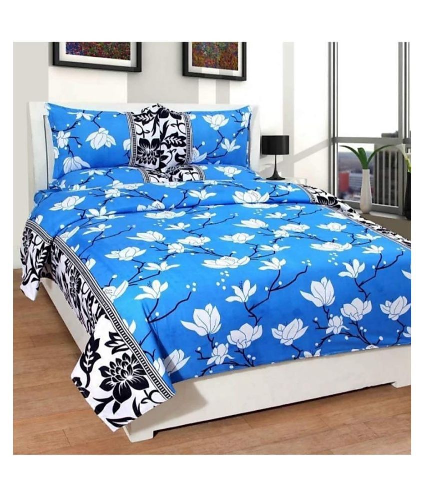 HomeStore-YEP - Blue Poly Cotton Double Bedsheet with 2 Pillow Covers
