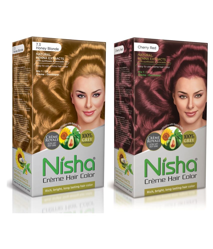     			Nisha Cream Hair Color 100% Grey Coverage Permanent Hair Color Blonde Honey and Cherry Red 150 g Pack of 2