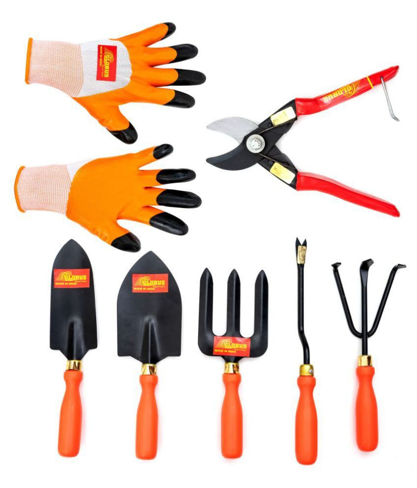     			GLOBUS GARDEN TOOL SET/5 PCS ORANGE COLOUR PLASTIC HANDLE WITH ORANGE GARDEN GLOVES AND GERMAN PRUNER. 