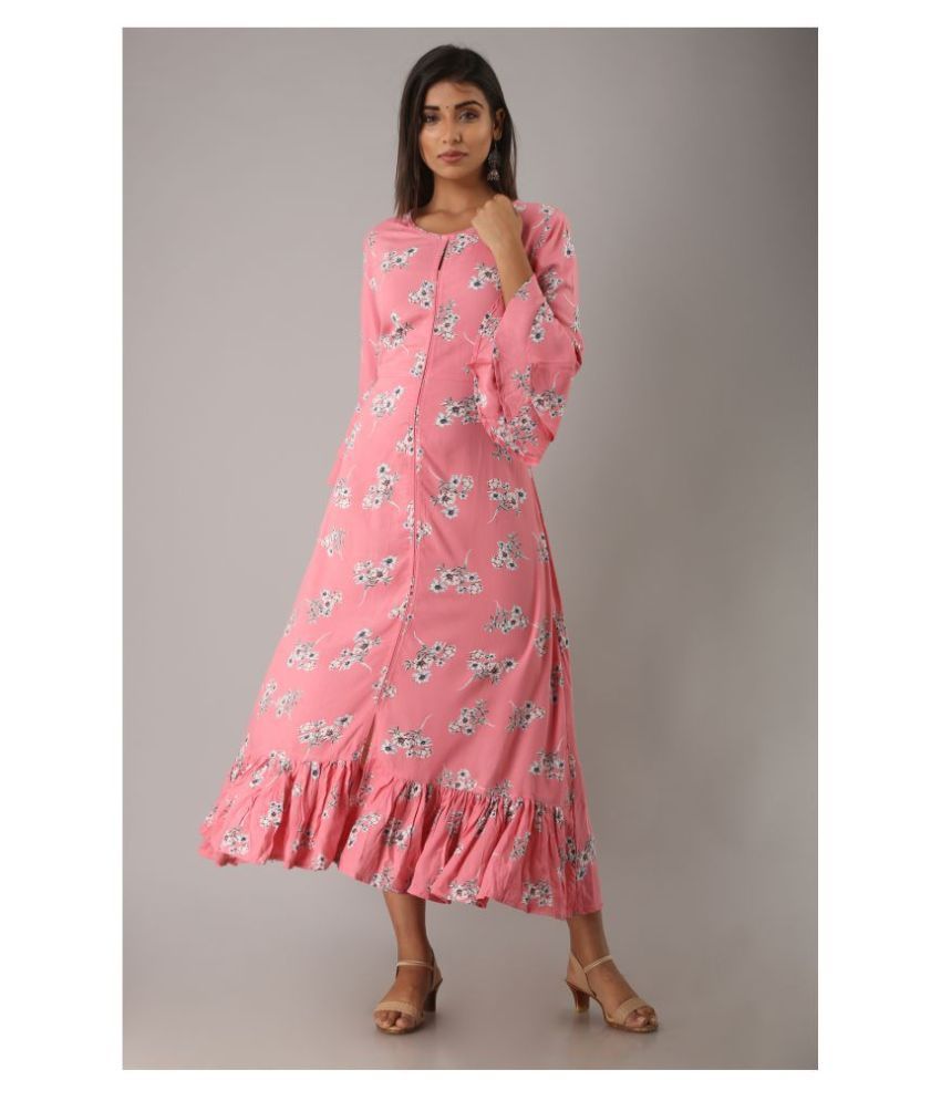     			MAUKA Pink Cotton A-line Kurti