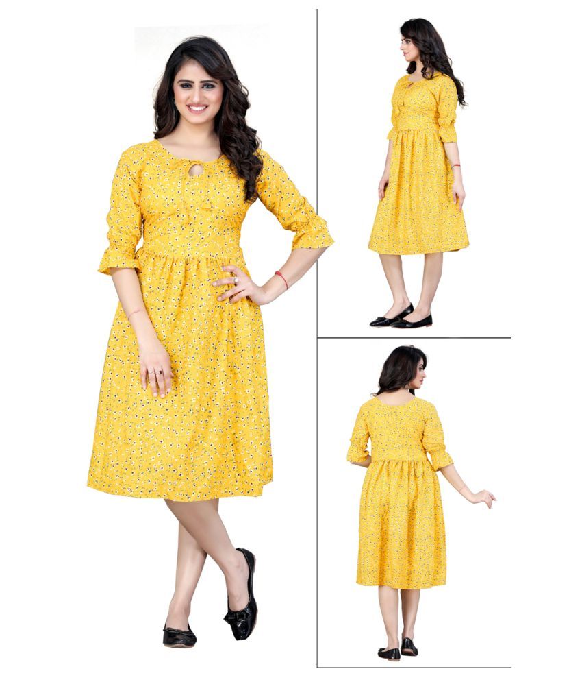     			MISS AYSE Crepe Yellow Fit And Flare Dress