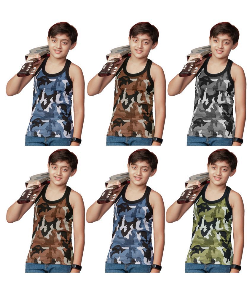     			Rupa Frontline Cotton Sleeveless Military Print Vests for Kids/Boys - Pack of 6