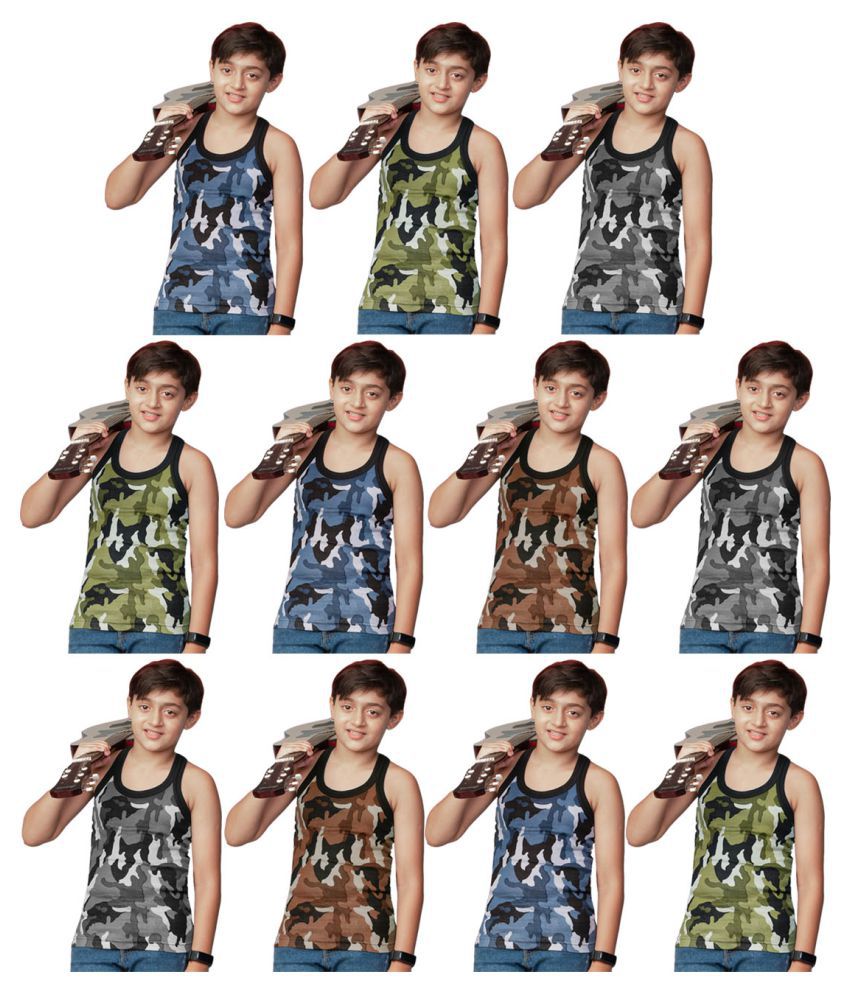     			Rupa Frontline Cotton Sleeveless Military Print Vests for Kids/Boys - Pack of 11
