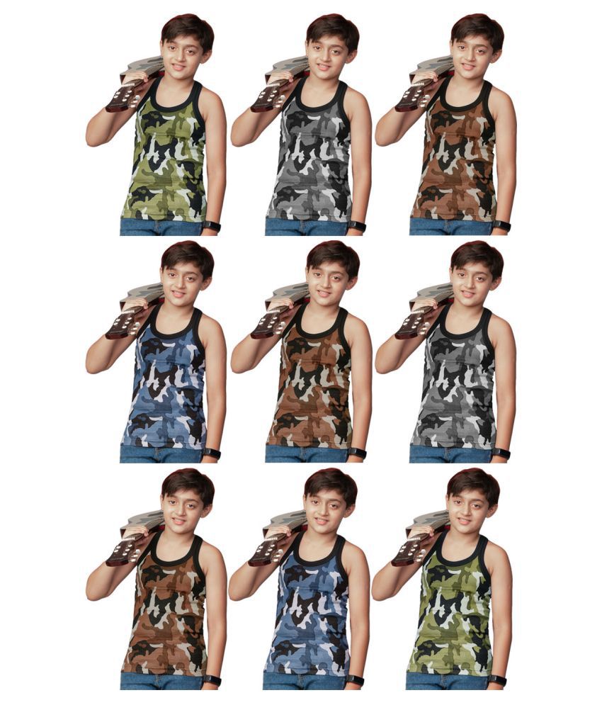     			Rupa Frontline Cotton Sleeveless Military Print Vests for Kids/Boys - Pack of 9