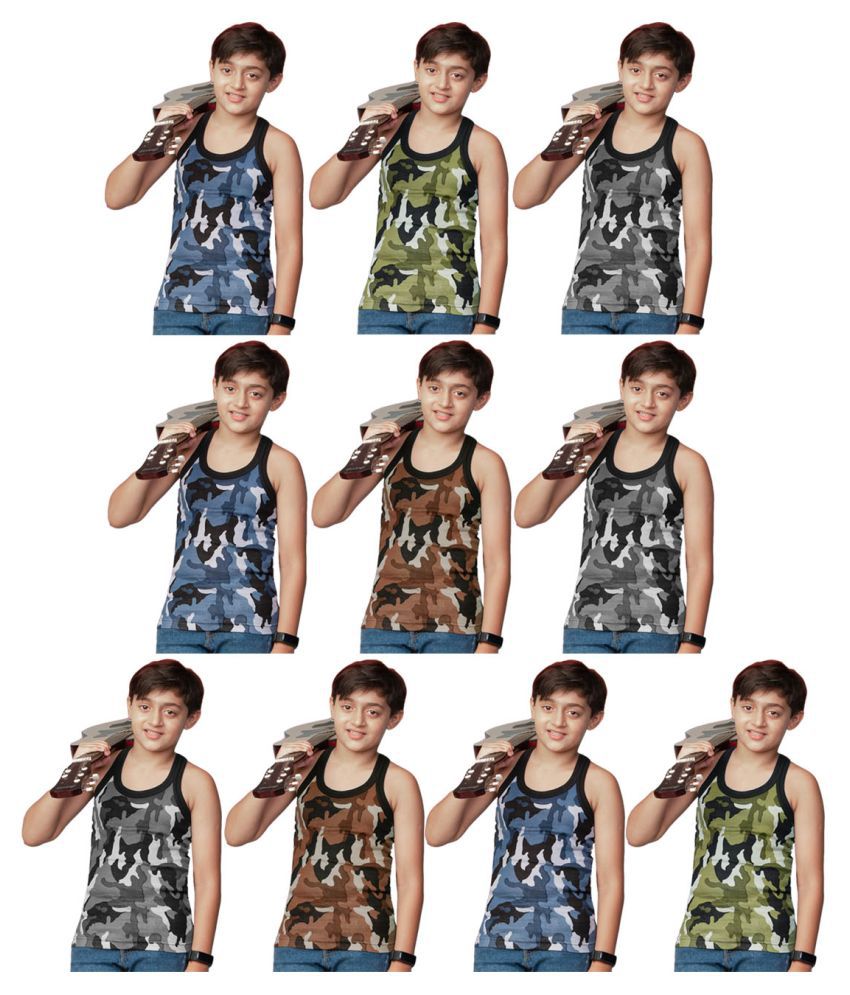     			Rupa Frontline Cotton Sleeveless Military Print Vests for Kids/Boys - Pack of 10