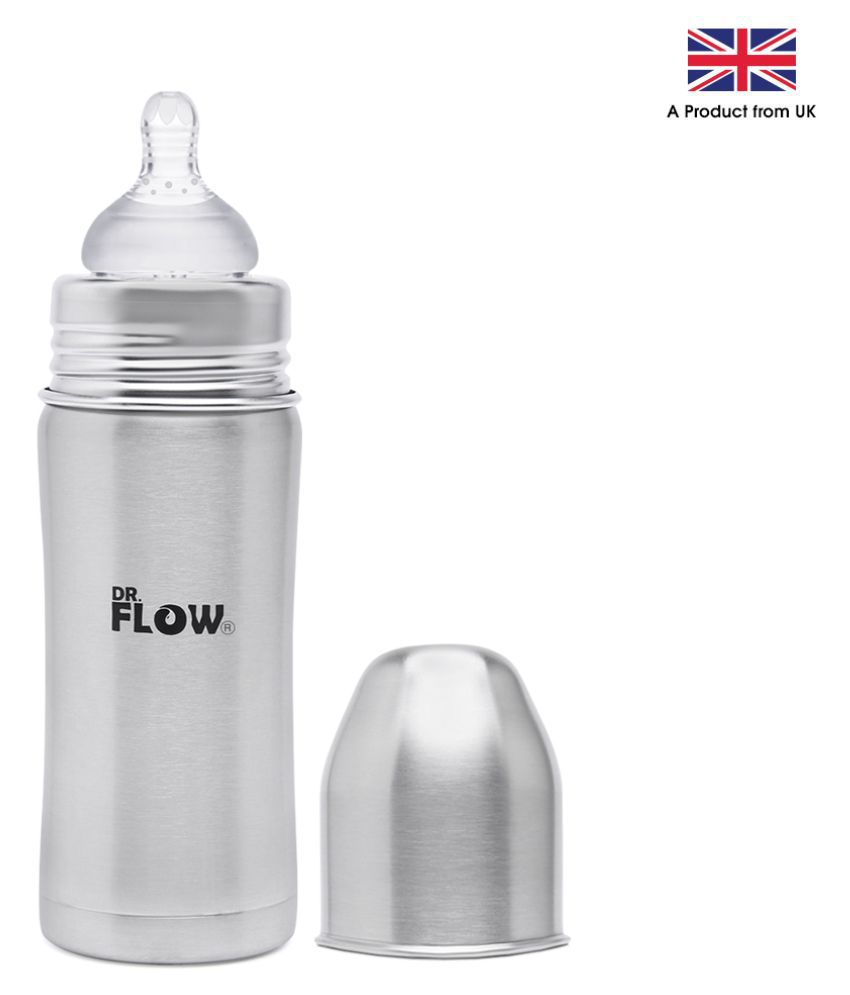Dr.Flow Vogue Stainless Steel Baby Feeding Bottle 12oz/360 |100% Plastic free &  Non-Toxic Stainless Steel | 304 (18/8) Grade Stainless Steel | Anti Colic Silicone Teat | DF9002, Grey Color (2pcs Extra Teats) | Value Combo