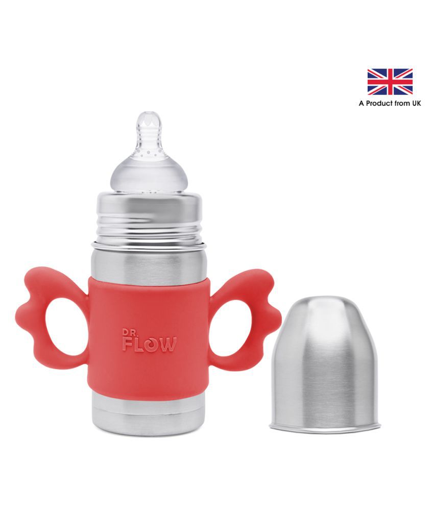 Dr.Flow Vogue+ Stainless Steel Baby Feeding Bottle with Silicone Handle & Silicone Closing Disc 260ml/8oz |100% Plastic free &  Non-Toxic Stainless Steel | 304 (18/8) Grade Stainless Steel | Anti Colic Silicone Teat | DF9009, Red Color