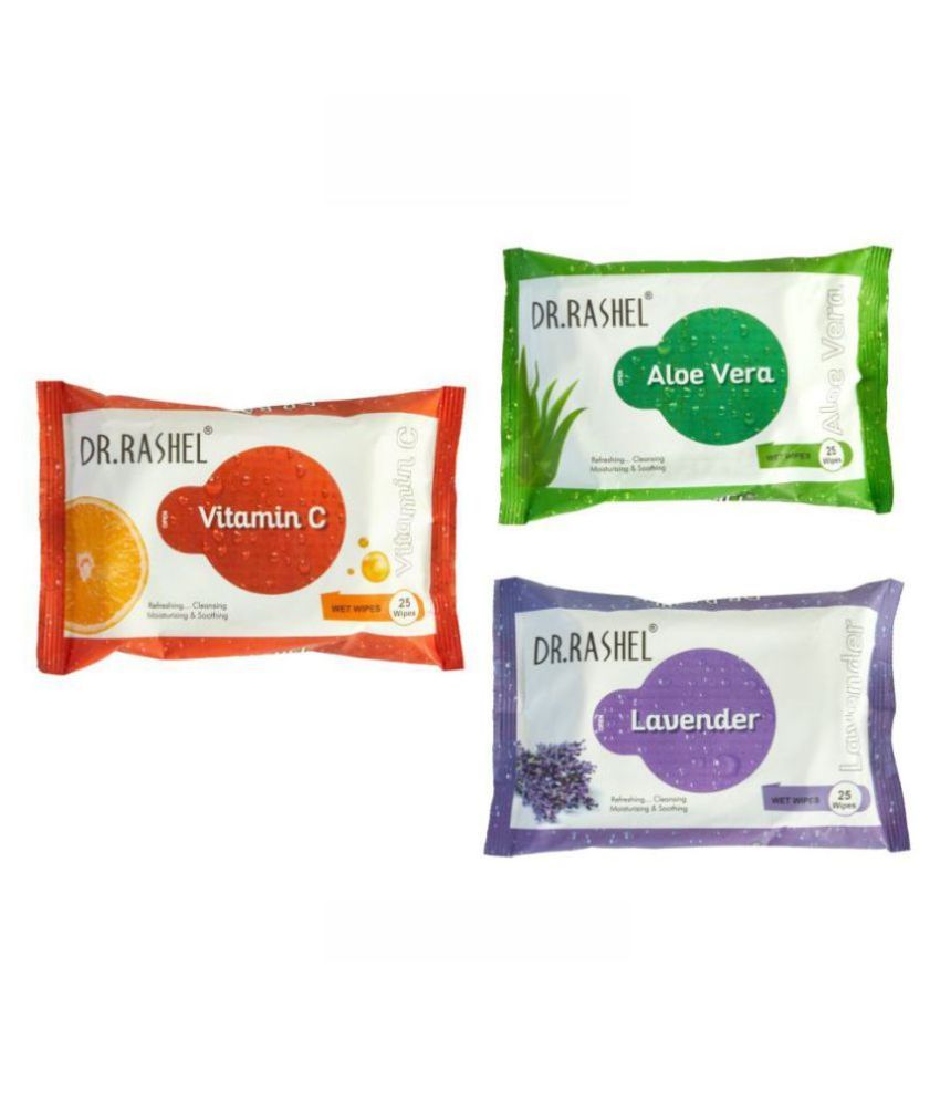     			DR.RASHEL Vitamin C,Aloe Vera & Lavender Wet Wipes | Cleanse & Hydrate (25 Wipes Each) | Pack of 3