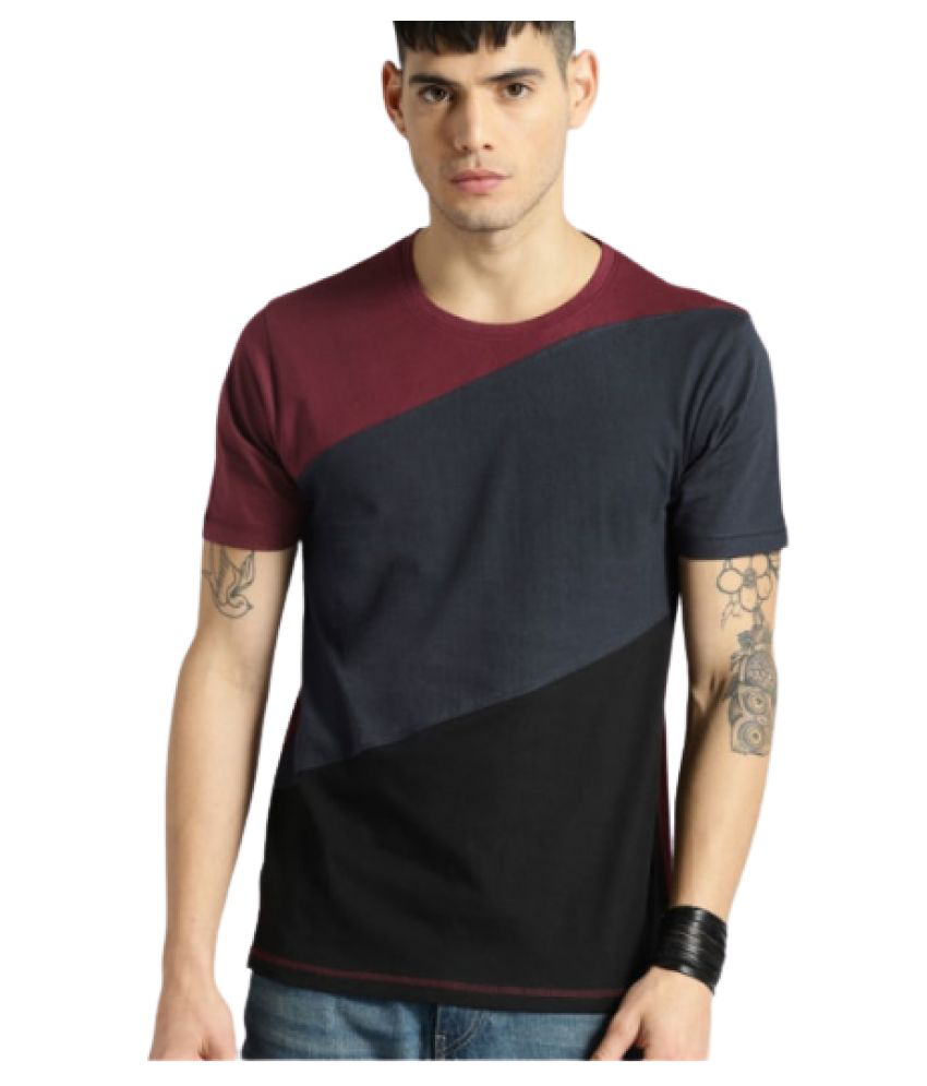     			Stylesmyth Cotton Blend Black Color Block T-Shirt