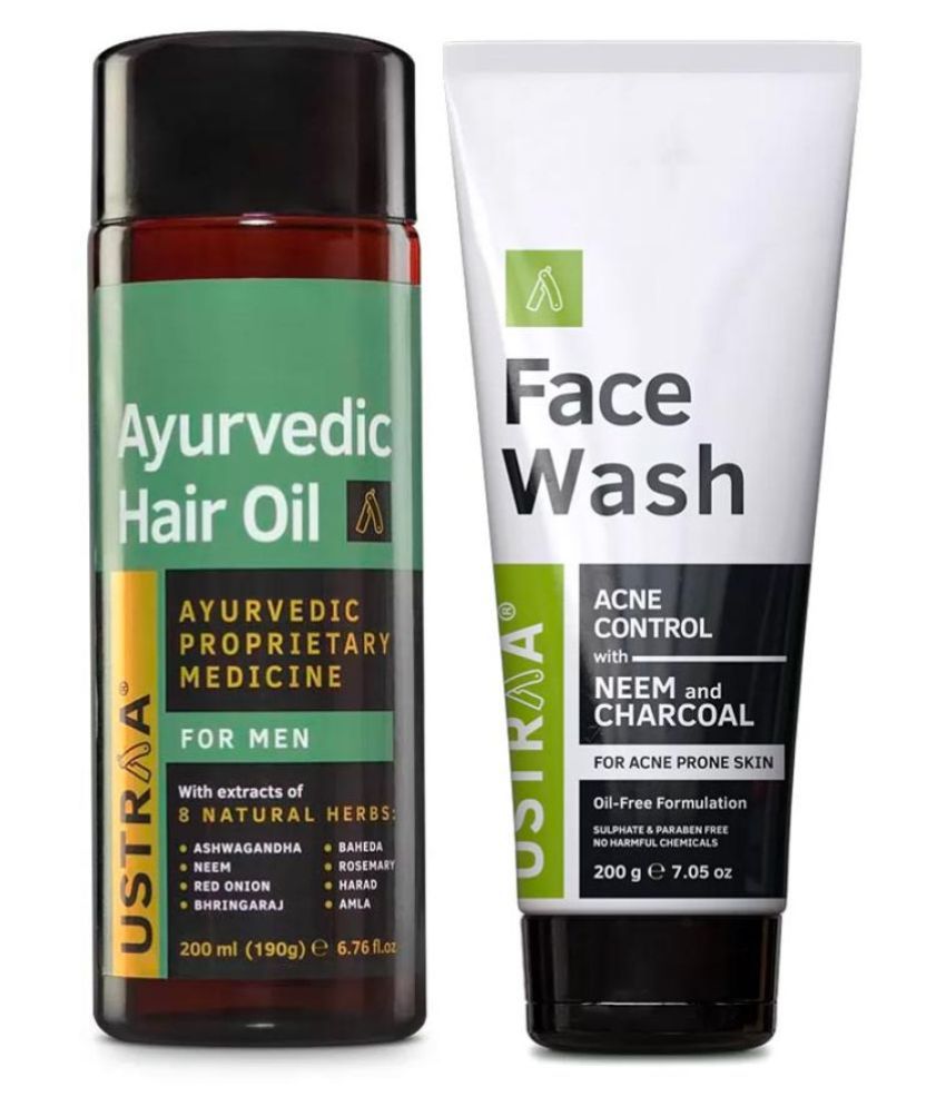 Ustraa Ayurvedic Hair Oil- 200ml and Face Wash (Neem & Charcoal) - 200g
