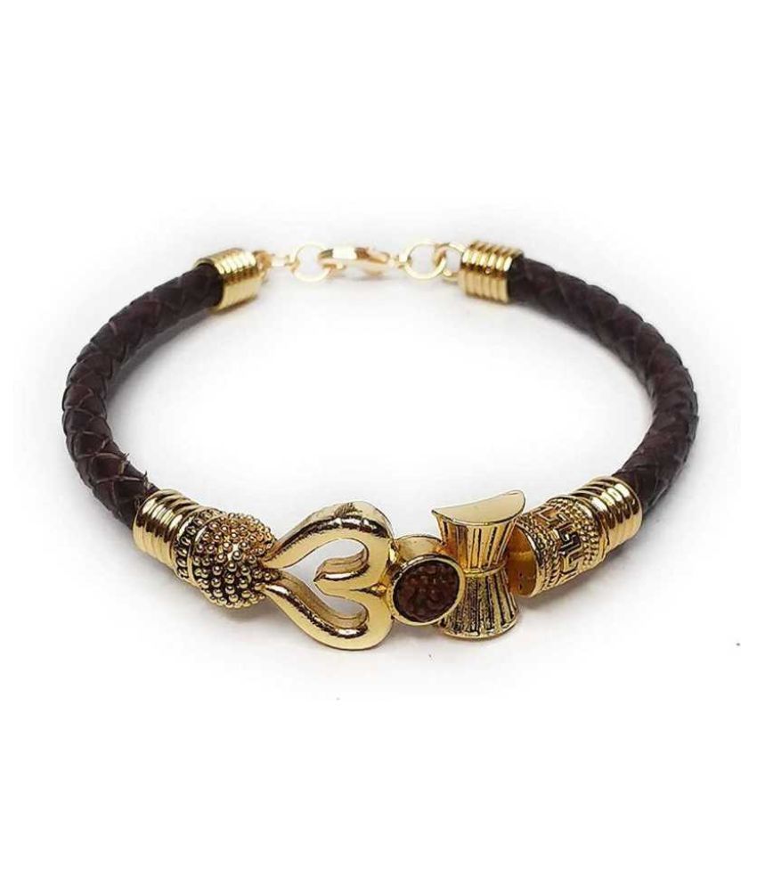     			Shivshop Rudraksha OM Trishul Damroo Designer Oxidized Gold Bahubali Leather Kada Bracelet for Men, Boys, Women