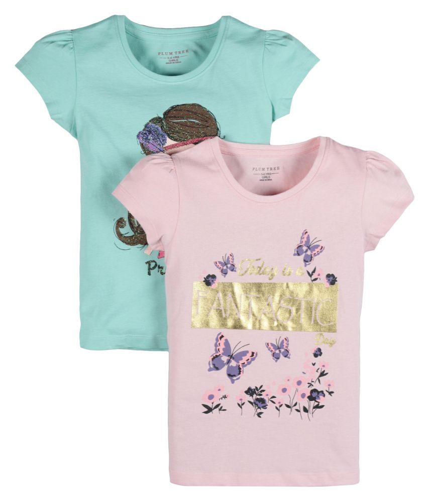     			Plum Tree Girls Butterfly Print T-shirt ( Pack of 2)