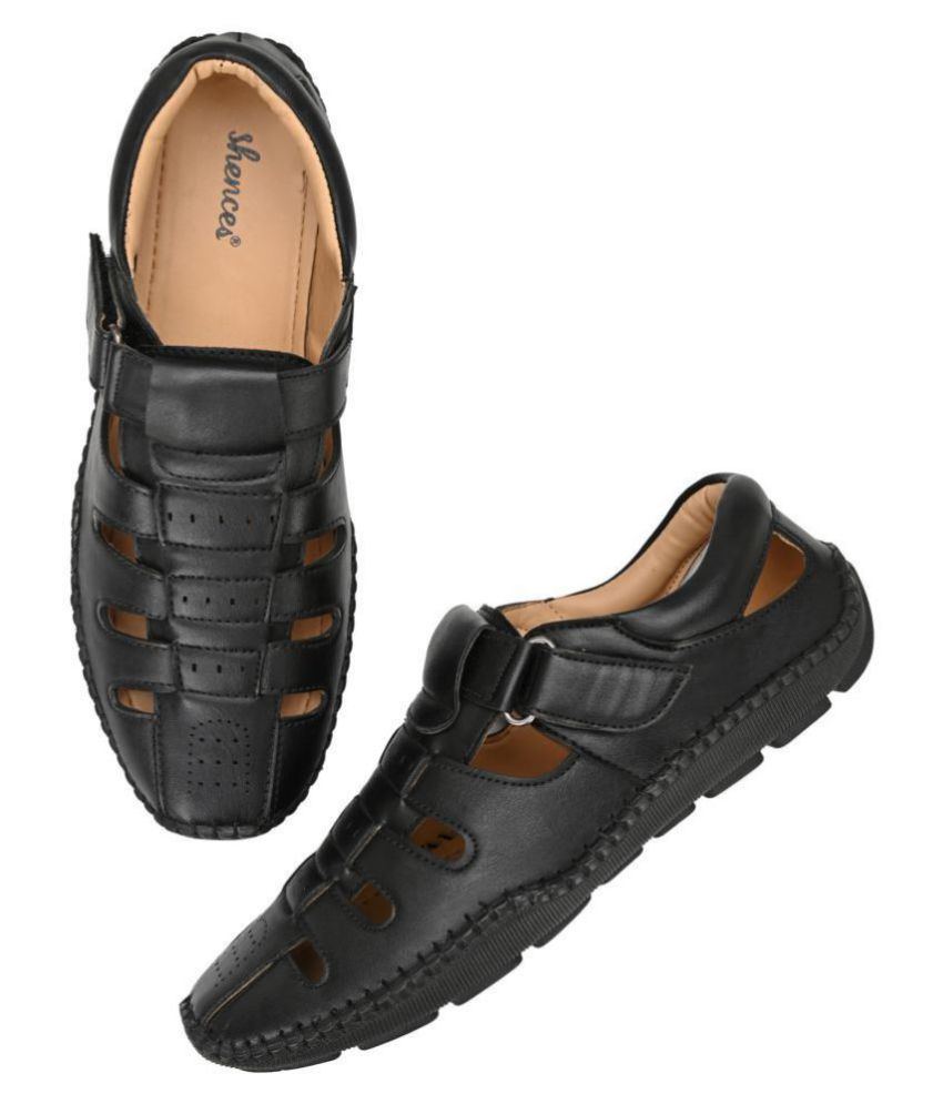 shences black leather slippers
