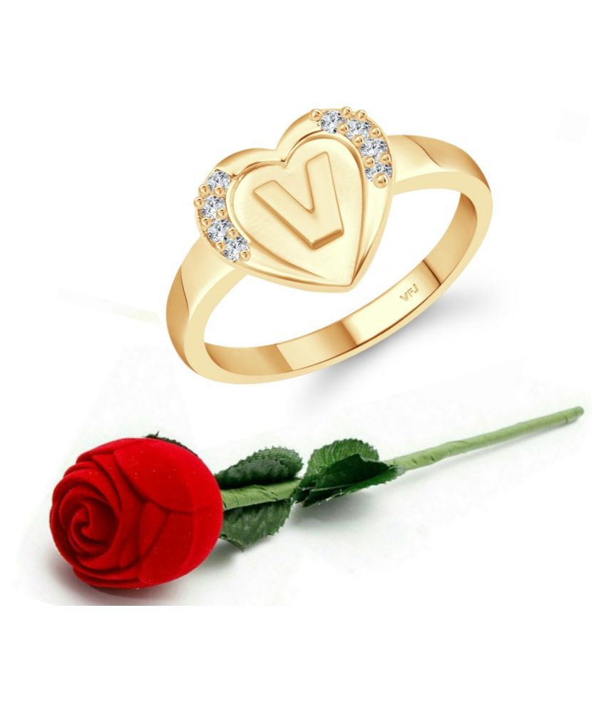     			Vighnaharta cz alloy Gold plated Valentine collection Initial '' V '' Letter in heart ring alphabet collection  with Scented Velvet Rose Ring Box for women and girls and your Valentine.