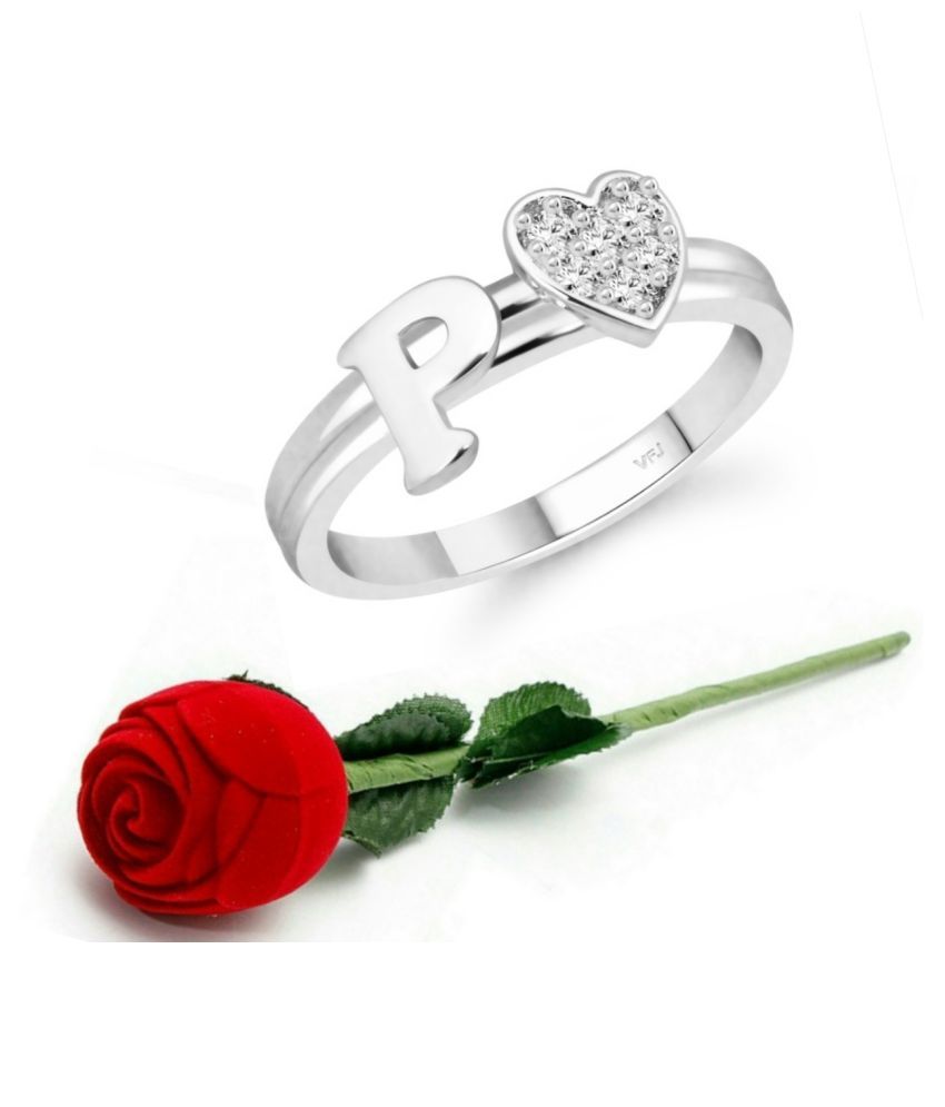     			Vighnaharta cz alloy Rhodium plated Valentine collection Initial '' P '' Letter with heart ring alphabet collection  with Scented Velvet Rose Ring Box for women and girls and your Valentine.