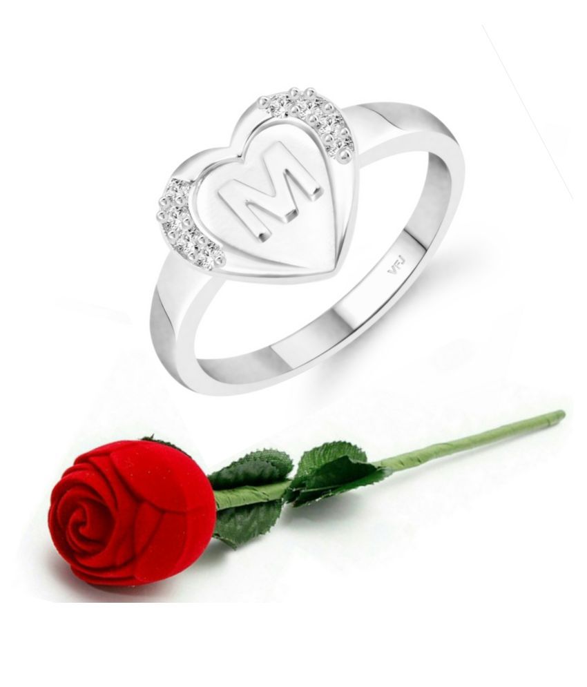     			Vighnaharta cz alloy Rhodium plated Valentine collection Initial '' M '' Letter in heart ring alphabet collection  with Scented Velvet Rose Ring Box for women and girls and your Valentine.