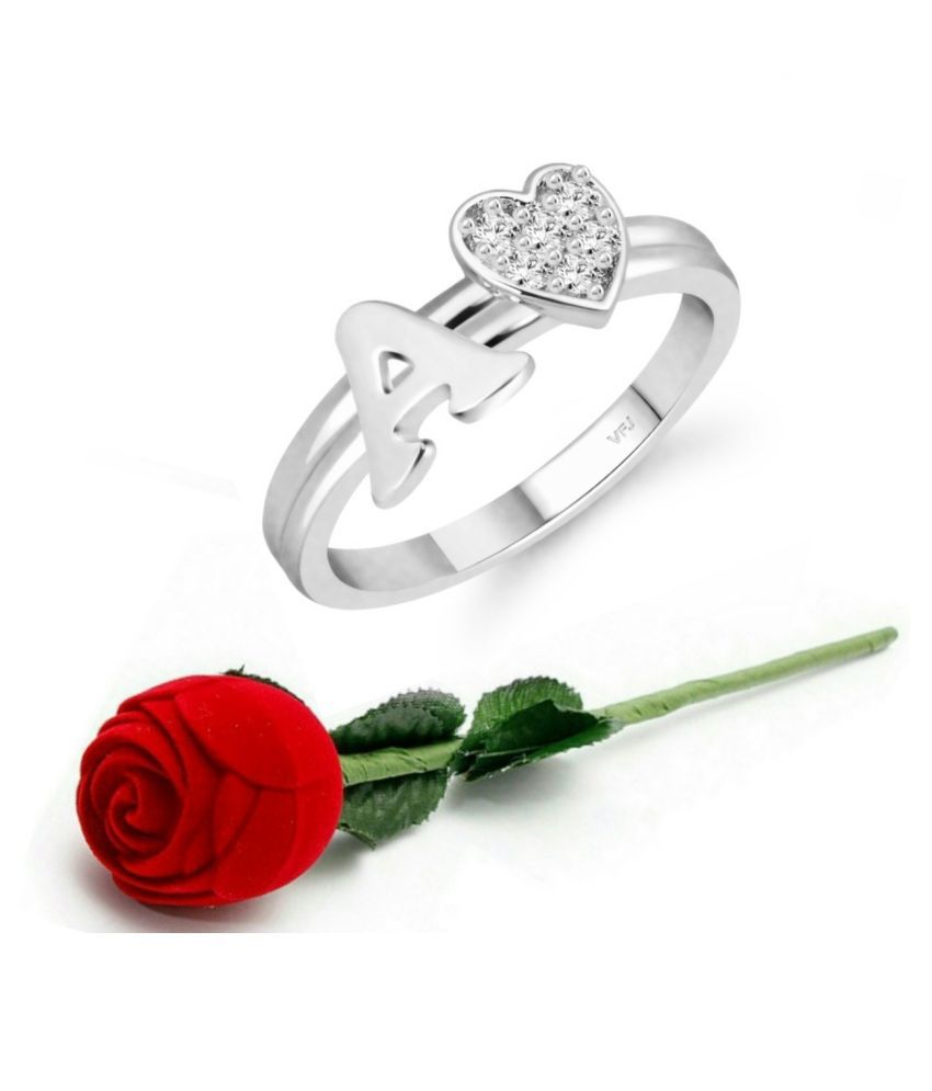     			Vighnaharta cz alloy Rhodium plated Valentine collection Initial '' A'' Letter with heart ring alphabet collection  with Scented Velvet Rose Ring Box for women and girls and your Valentine.