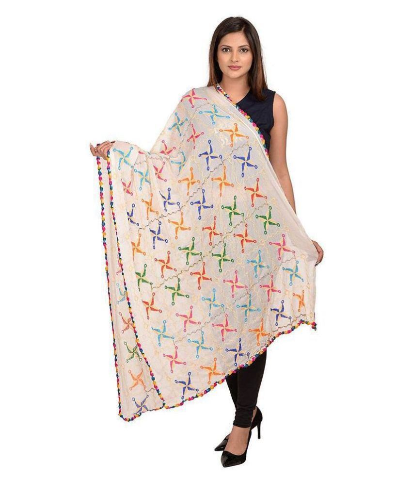     			Raj Off White Chiffon Phulkari Dupatta