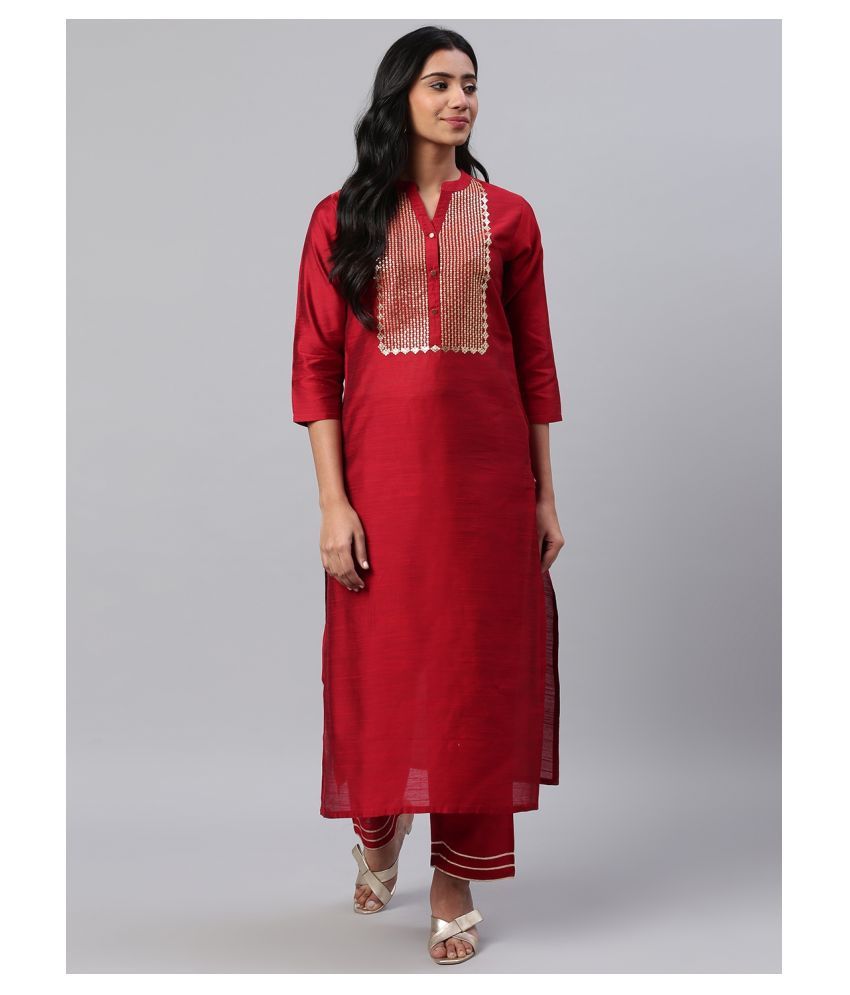     			KSUT Red Silk Straight Kurti