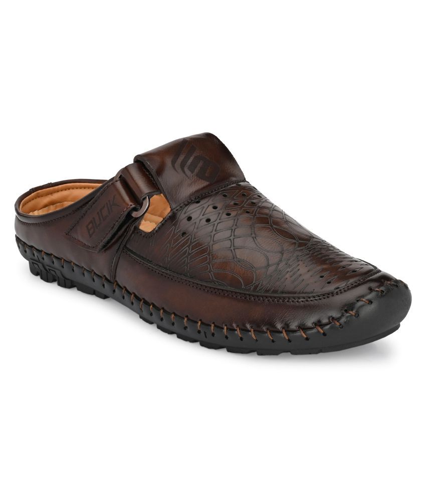 bucik men brown synthetic slip on leather sandals