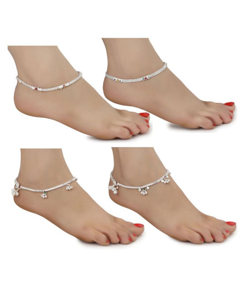     			AanyaCentric White Metal Premium Alloy Artificial Payals Antique Stylish Latest Design Traditional Anklets in Silver Plating for Woman and Girl (Set of 4 Pairs)