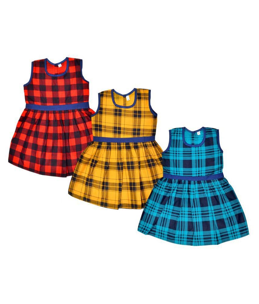     			Sathiyas Red, Yellow and Blue Cotton Girls Checked Pattern Dress Pack of 3