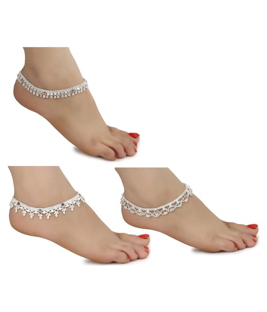     			AanyaCentric Combo of Three Pair Indian Traditional Ethnic Fancy Foot Jewelry Pure Silver Plated White Metal Alloy Ghunghru Payal Stylish Leg Chain Imitation Anklets for Women and Girls (Set of 3)