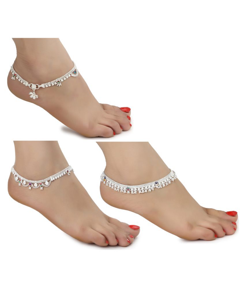     			AanyaCentric White Metal Artificial Payals Antique Stylish Latest Design Traditional Anklets in Silver Plating for Woman and Girl (Set of 3 Pairs)