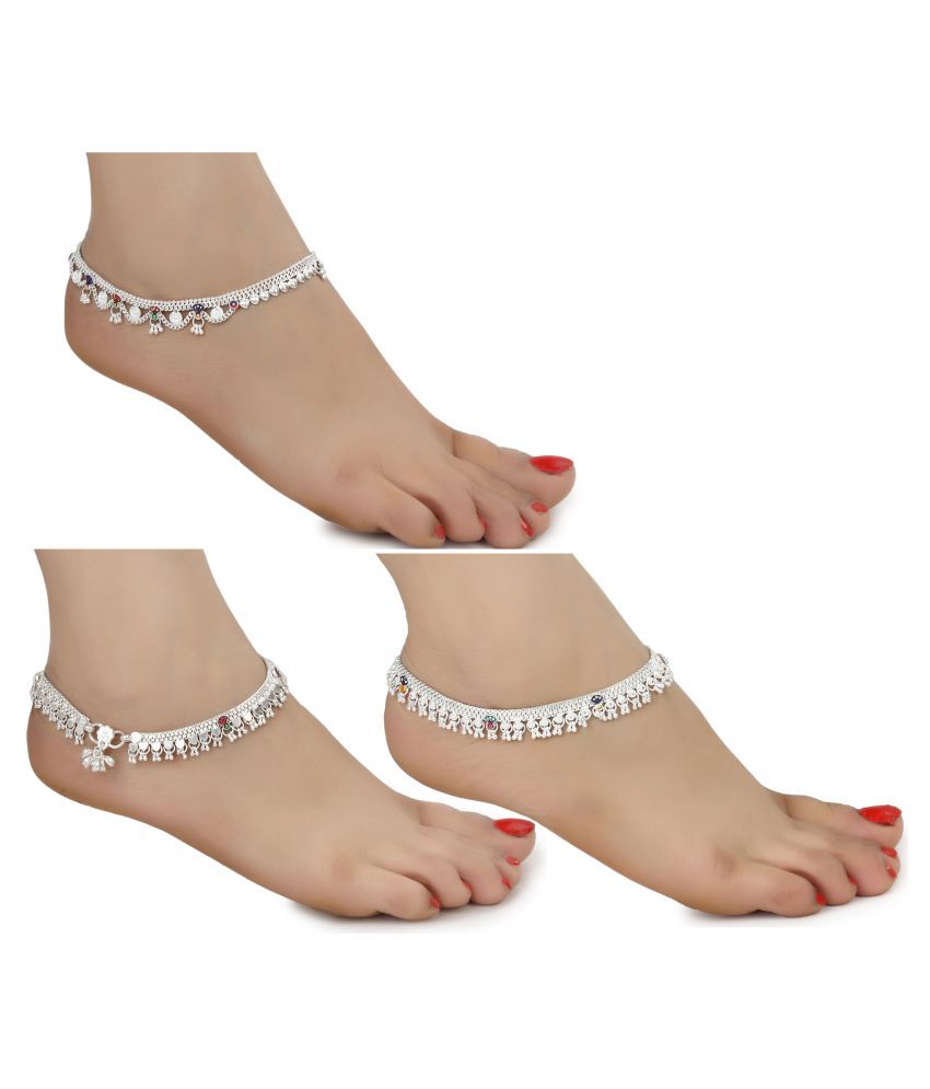     			AanyaCentric White Metal Artificial Payals Antique Stylish Latest Design Traditional Anklets in Silver Plating for Woman and Girl (Set of 3 Pairs)