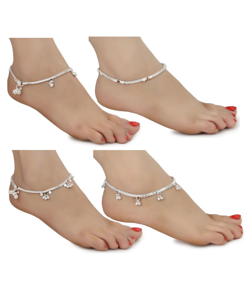     			AanyaCentric White Metal Payal High Quality Alloy Imitation Trendy Fancy Stylish Latest Design Silver Plated Anklets Combo for Girls and Women (Pack of 4 Pair)