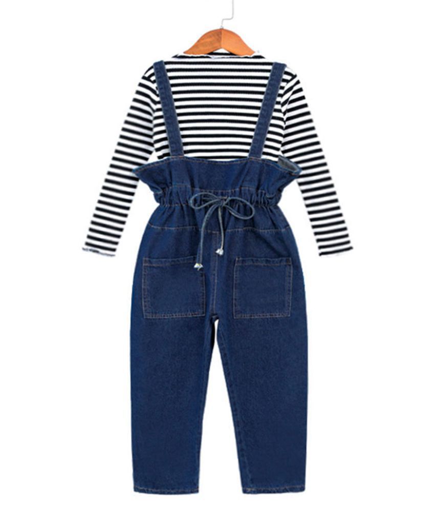Hopscotch Girls Cotton and Polyester Horizontal Stripes Full Sleeves Top And Dungaree Set in Multi Color For Ages 8-9 Years (XYG-2831234)