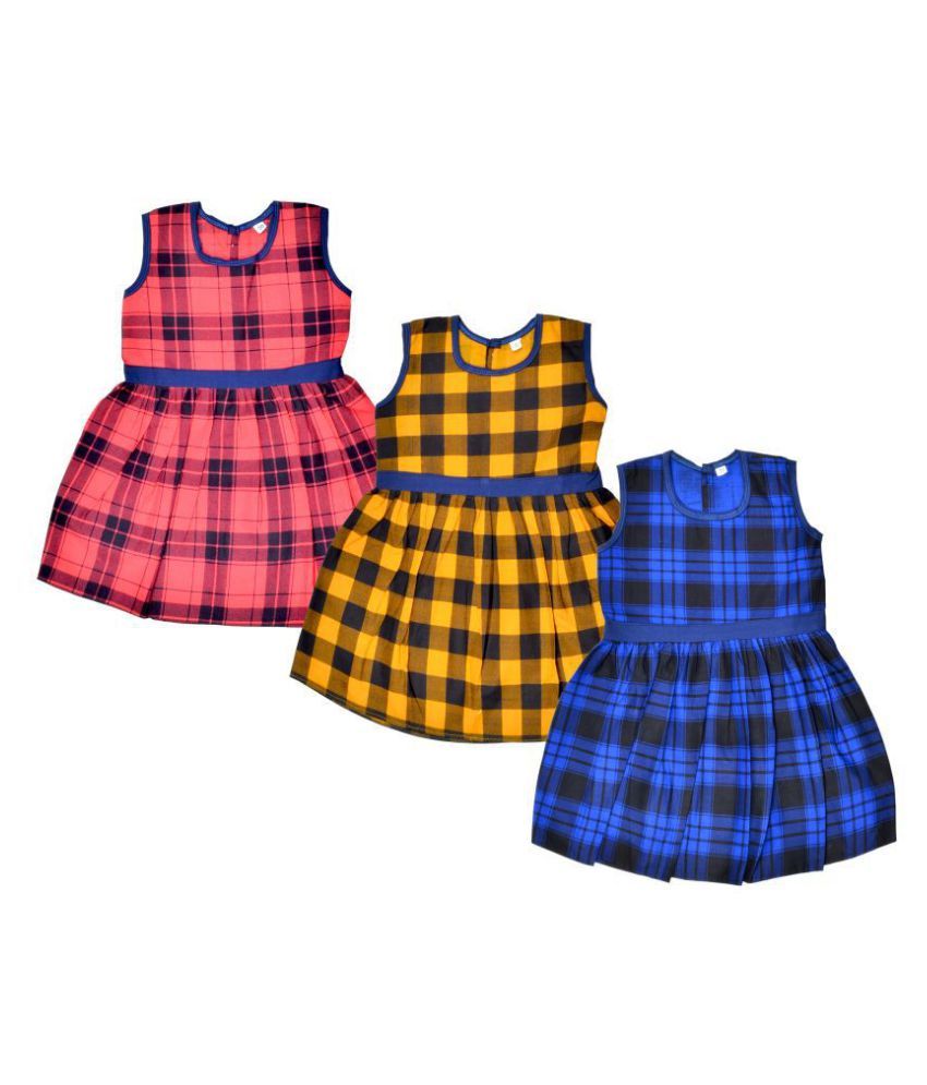     			Sathiyas 100% Cotton Girls Checked Pattern Dress(Pack of 3)