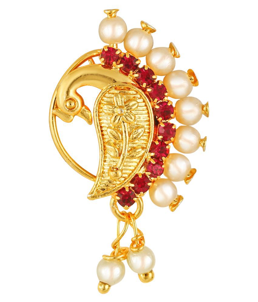 Vighnaharta Gold Plated Red Stone with Peals Alloy Maharashtrian Nath Nathiya./ Nose Pin for women VFJ1006NTH-Press